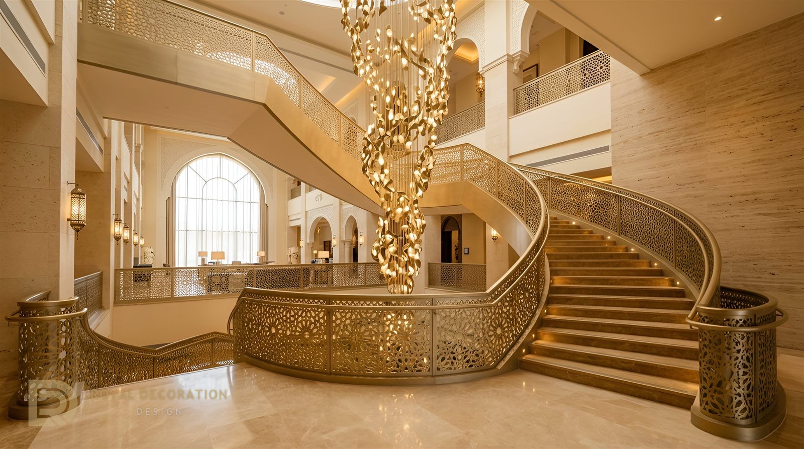 Five-Star Hotel &mdash; Champagne Gold &mdash; Atrium staircase & chandelier