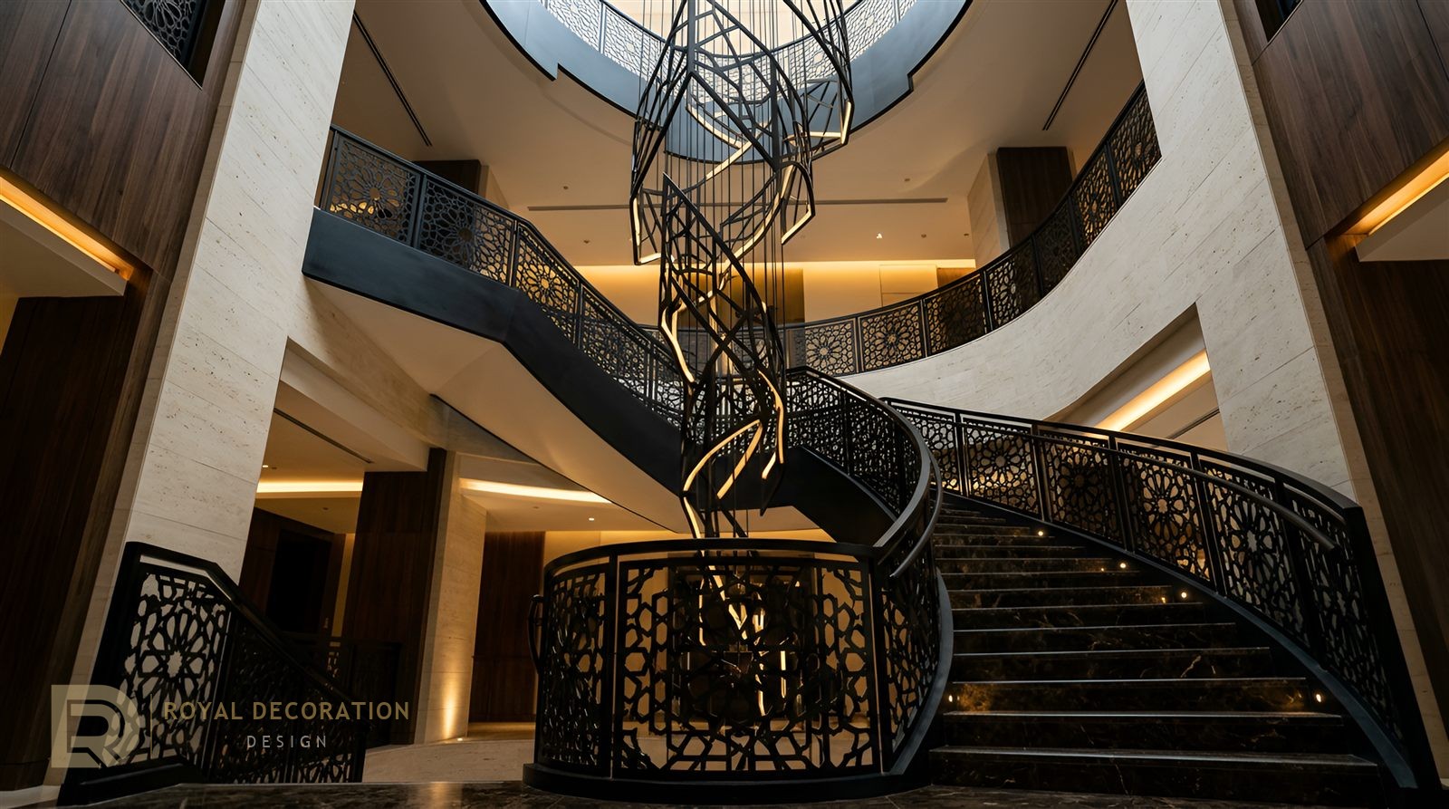 Five-Star Hotel — Matte Black PVD — Atrium staircase & chandelier
