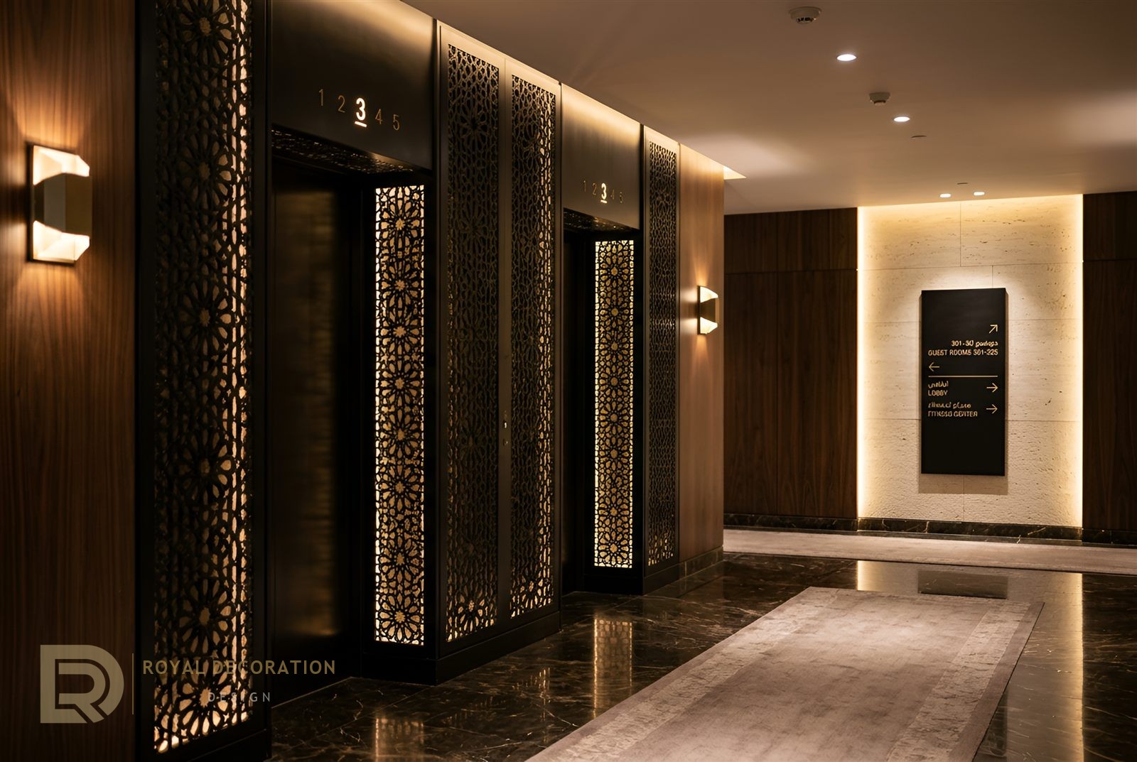 Five-Star Hotel — Matte Black PVD — Elevator lobby & wayfinding